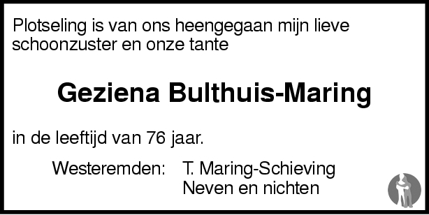 overlijdensadvertentie geziena bulthuis-maring in 2006.